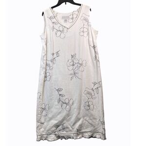Maggie McNaughton Women 1X Linen Floral V Neck Sleeveless Midi Dress White